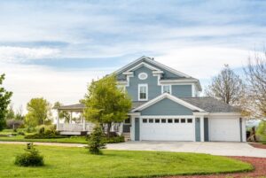 blue house with white accents